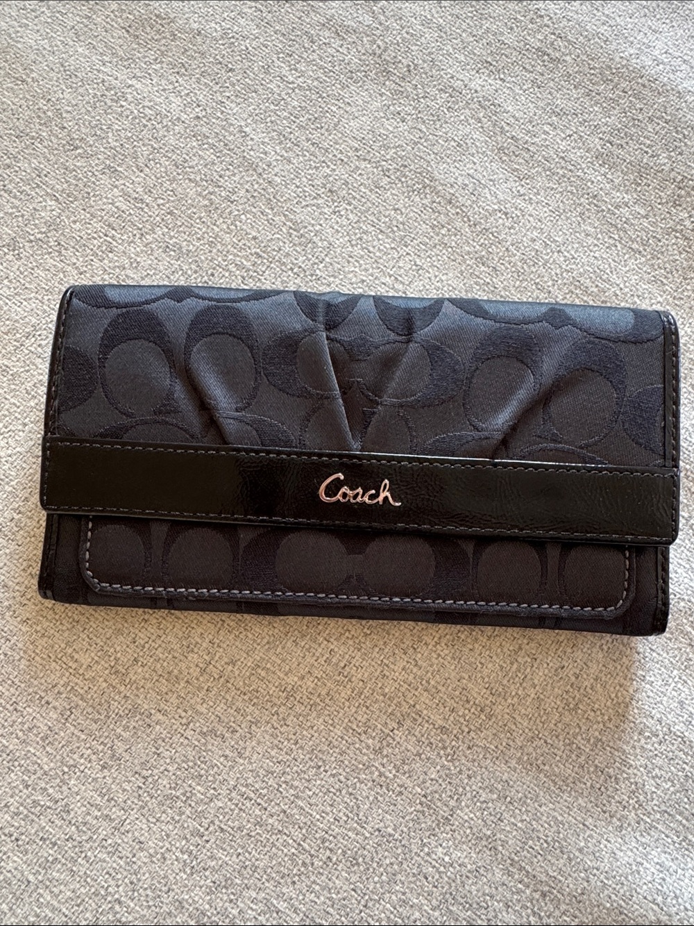 Coach Black Signature Continental Wallet with Patent Trim